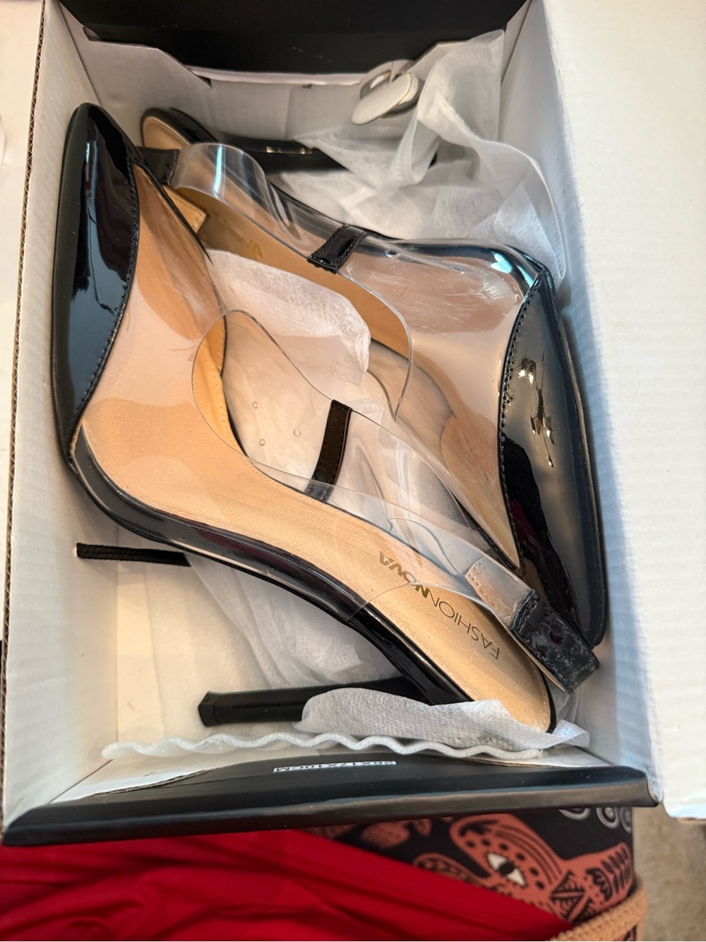 Fashion Nova Black Patent Pointed-Toe Clear-Panel Stiletto Pumps